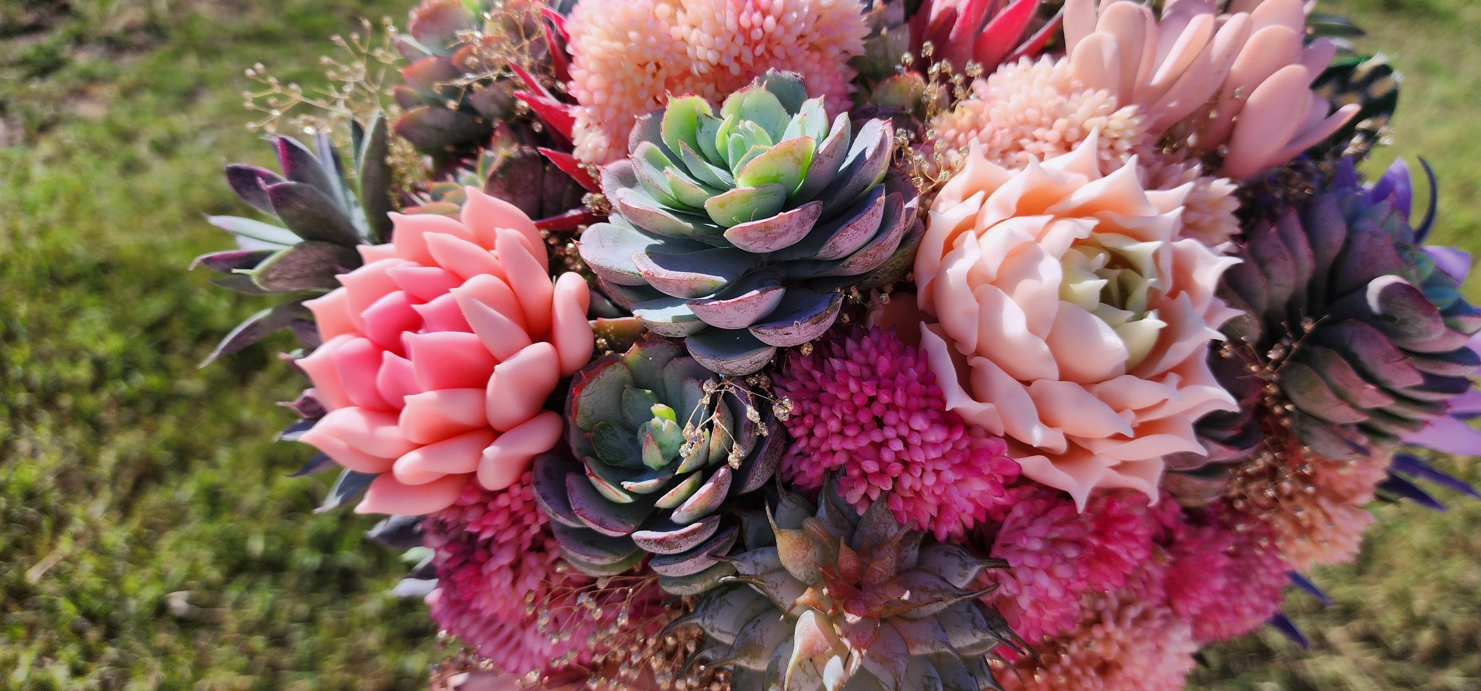 pink sunrise succulent Desert Sunrise Succulent/Cactus Bridal Bouquet (Peach, Pink, Green, Pu – Highland Queen Ranch Bridal